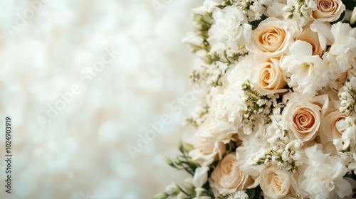 An elegant display of creamy roses paired with delicate white flowers, beautifully arranged against a soft, light background. Captures timeless beauty and grace.