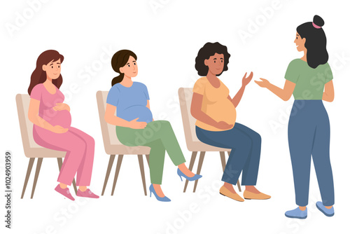 Group of pregnant women visited  psychology support courses. Female couch speaking about pregnancy and maternity.  Pregnancy Support, Prenatal Psychology Help, Happy Motherhood. Vector illustration