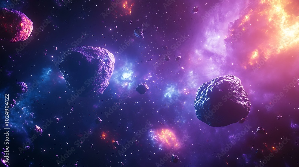 An abstract cosmic scene with floating asteroids and luminous planets, deep shades of purple, blue, and gold, glowing effects and vibrant light trails, set against a dark space backdrop, An abstract cosmic scene with floating asteroids and luminous planets, deep shades of purple, blue, and gold, glowing effects and vibrant light trails, set against a dark space backdrop,