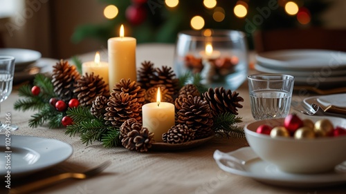 A festive Christmas table setting with candles, pine cones, and evergreen branches.