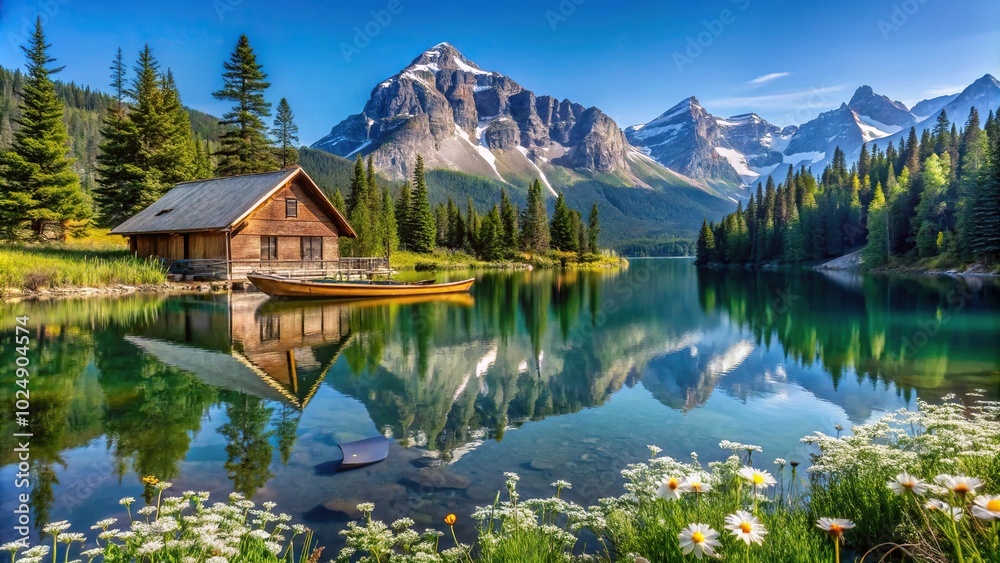 Fototapeta premium Mountain cabin with snow, pine trees, rowboat, clear sky, tranquil water