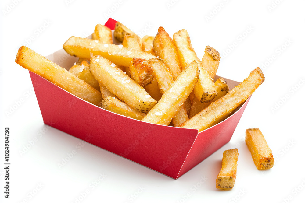 Crispy golden French fries in red container, perfect for snacking or as side dish. These delicious fries are seasoned and ready to enjoy, evoking sense of comfort and indulgence Crispy golden French fries in red container, perfect for snacking or as side dish. These delicious fries are seasoned and ready to enjoy, evoking sense of comfort and indulgence