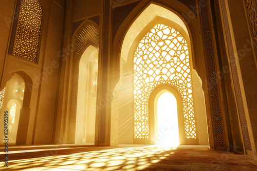 A serene Islamic interior featuring intricate ornate details on the walls, ceilings, and floors, with a beautifully arched window allowing soft light to enter