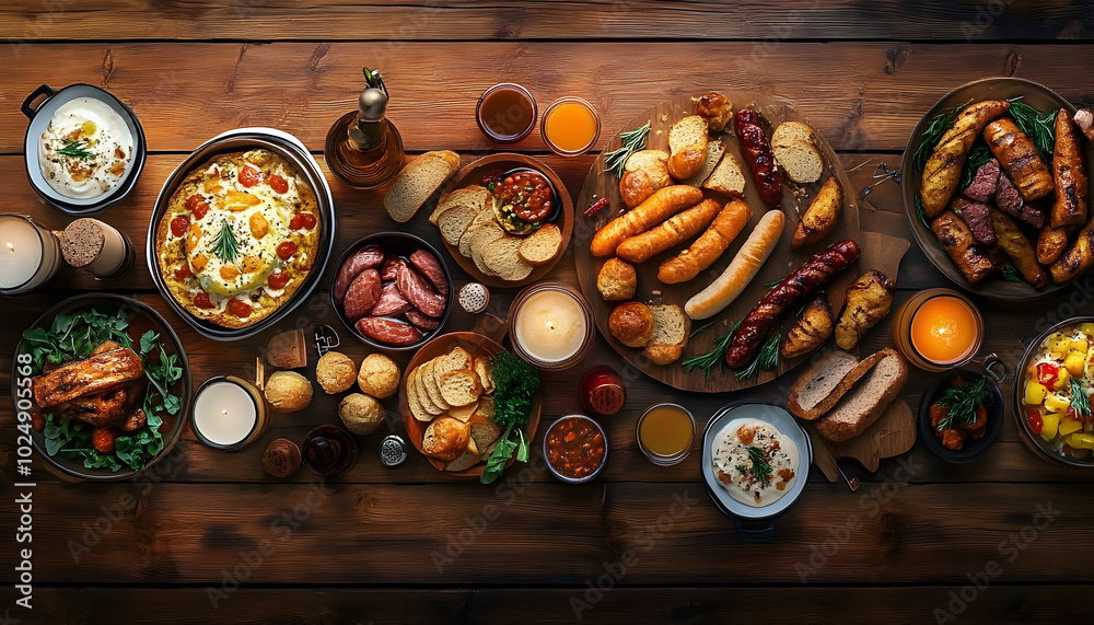 Overhead Oktoberfest Feast - top down mockup showing an Oktoberfest feast with a large wooden table covered in traditional German food and drinks. Graphic art illustration Overhead Oktoberfest Feast - top down mockup showing an Oktoberfest feast with a large wooden table covered in traditional German food and drinks. Graphic art illustration