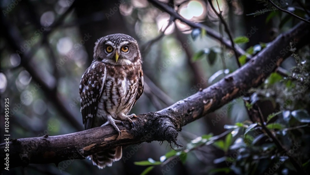An owl perched on a branch, surrounded by darkness, showcasing its keen eyes and feathers in the night.
An owl perched on a branch, surrounded by darkness, showcasing its keen eyes and feathers in the night.