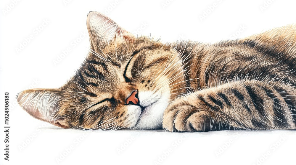 A tabby cat curled up asleep, watercolor illustration, soft pastels, isolated on white background A tabby cat curled up asleep, watercolor illustration, soft pastels, isolated on white background
