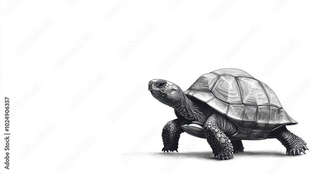 Obraz premium A turtle slowly walking, pencil sketch, minimalistic details, isolated on white background