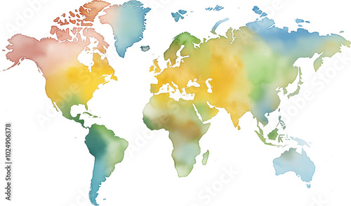 Colorful watercolor world map on transparent background. photo