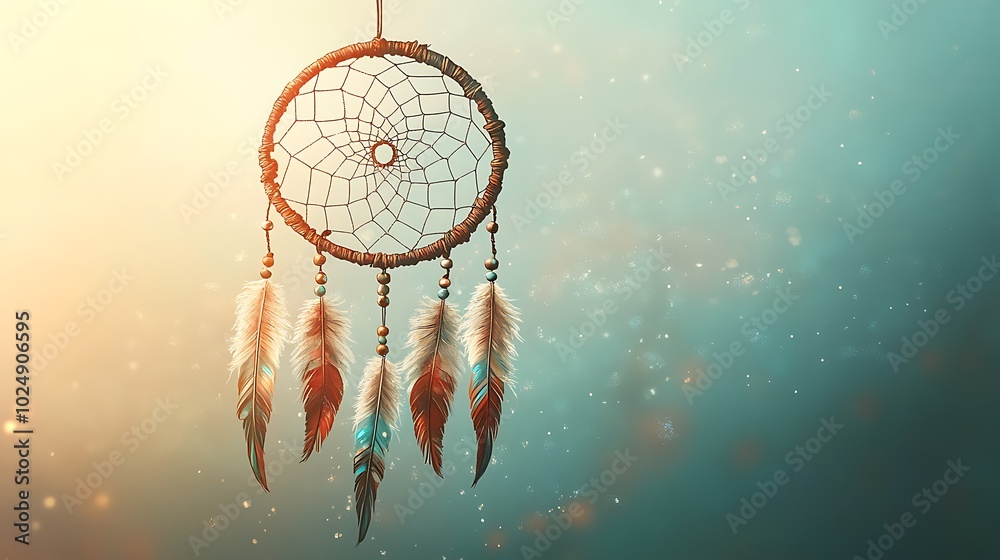Obraz premium Bohemian-style illustration of a dreamcatcher with delicate feathers hanging down, beads and arrows incorporated into the design, subtle shading and gradients, soft colors like cream, light brown,