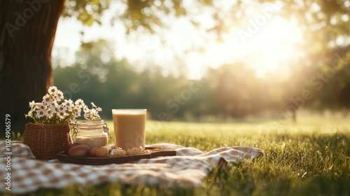 A picturesque picnic scene featuring a glass of milk, cookies, and a bouquet of white daisies on a checkered cloth, set against a soft-focus verdant backdrop in sunlight. photo