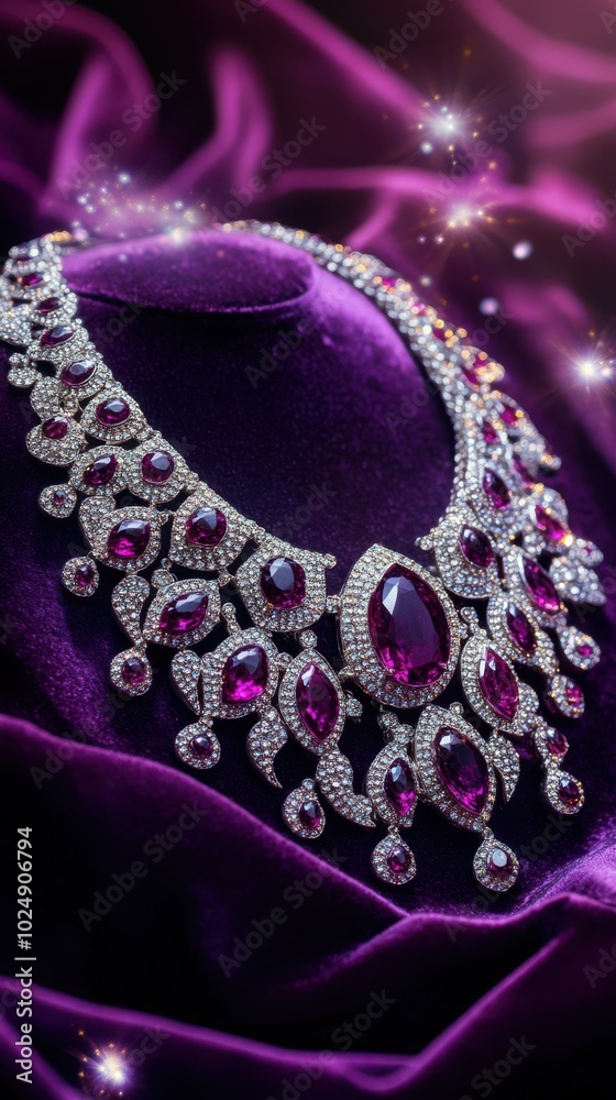 Fototapeta premium Shiny silver and ruby necklace on a luxurious royal purple velvet cloth, with a purple-to-silver gradient background and subtle festive sparkles, Copy space, happy Diwali background, traditional