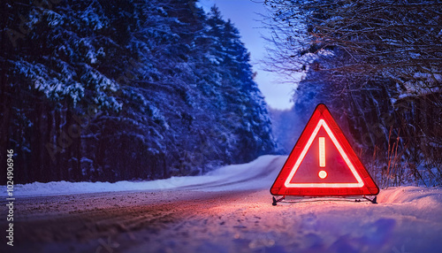 Glowing neon red triangle sign with exclamation point. Warning indicator Alert signal. Winter season