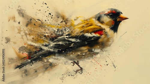 A goldfinch rests elegantly with its bright yellow and black plumage, surrounded by colorful brushstrokes creating a lively backdrop