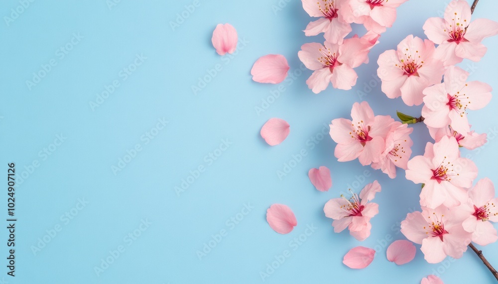A serene arrangement of pink cherry blossoms on a light blue background. A serene arrangement of pink cherry blossoms on a light blue background.
