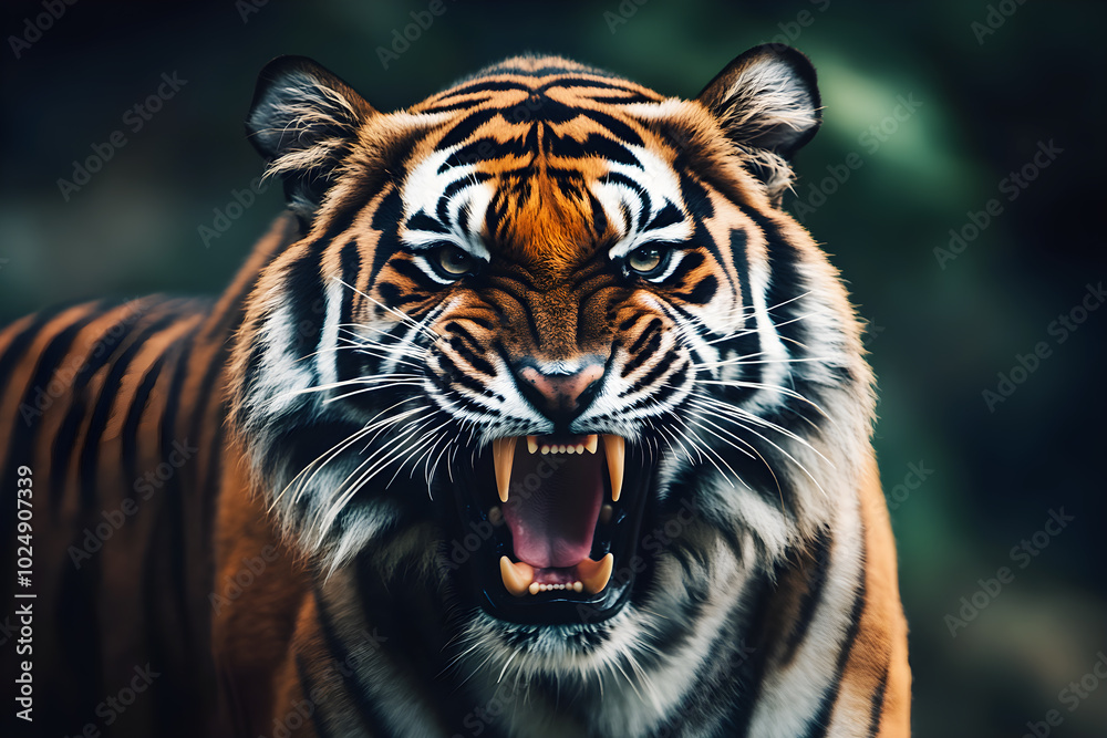Fototapeta premium Fierce Tiger Roaring in the Jungle, A powerful and intense image of a tiger roaring in its natural habitat. The close-up shot captures the tiger's fierce expression, sharp teeth, and striking stripes