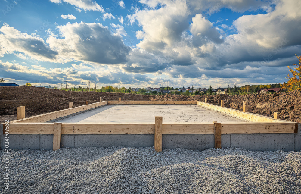 A concrete foundation being built on a gravel bed at a rural construction site, framed by wooden supports under a cloudy sky.
A concrete foundation being built on a gravel bed at a rural construction site, framed by wooden supports under a cloudy sky.