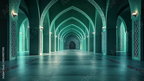 Green tiled hallway with multiple arches and light reflecting off floor.