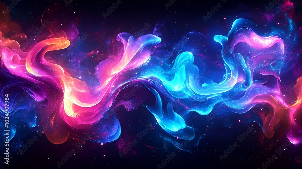 Dynamic abstract fluid lines in neon colors like electric blue and hot pink, curved shapes twisting and turning, glowing edges and highlights, set against a dark background, Dynamic abstract fluid lines in neon colors like electric blue and hot pink, curved shapes twisting and turning, glowing edges and highlights, set against a dark background,