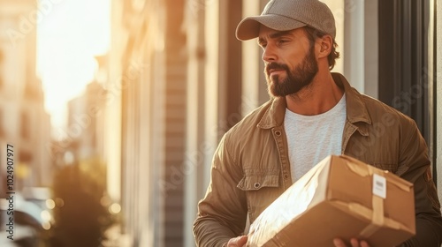 A bearded man wearing a cap and jacket is holding a package on a city street during sunrise, highlighting themes of urban life and dedication. photo