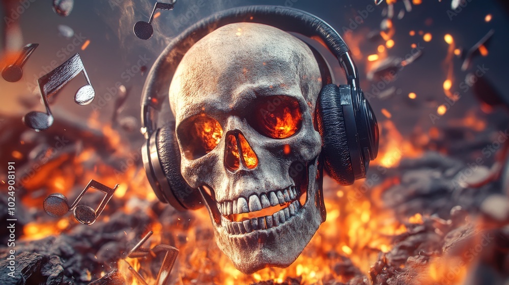 Skull with headphones on it and a fire behind it