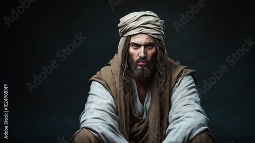 Portrait of a man with long hair, beard, and a turban, wearing traditional robes in a dark setting