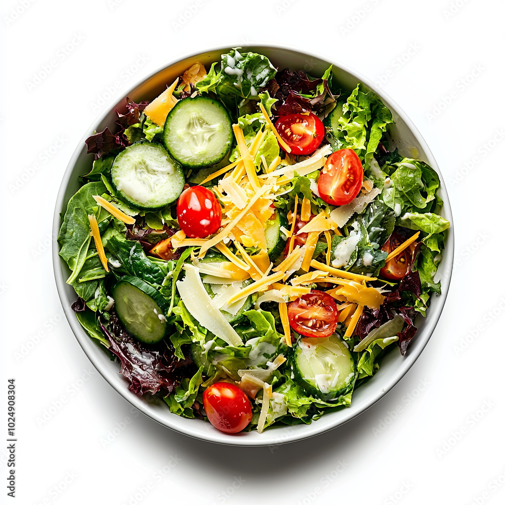 Fresh salad with mixed greens, cherry tomatoes, cucumbers, and shredded cheese, drizzled with dressing, perfect for healthy meal