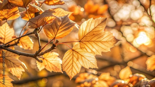 Golden autumn leaves on tree branch in sunlight