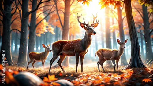 Majestic deer family grazing in sunlit autumn forest clearing