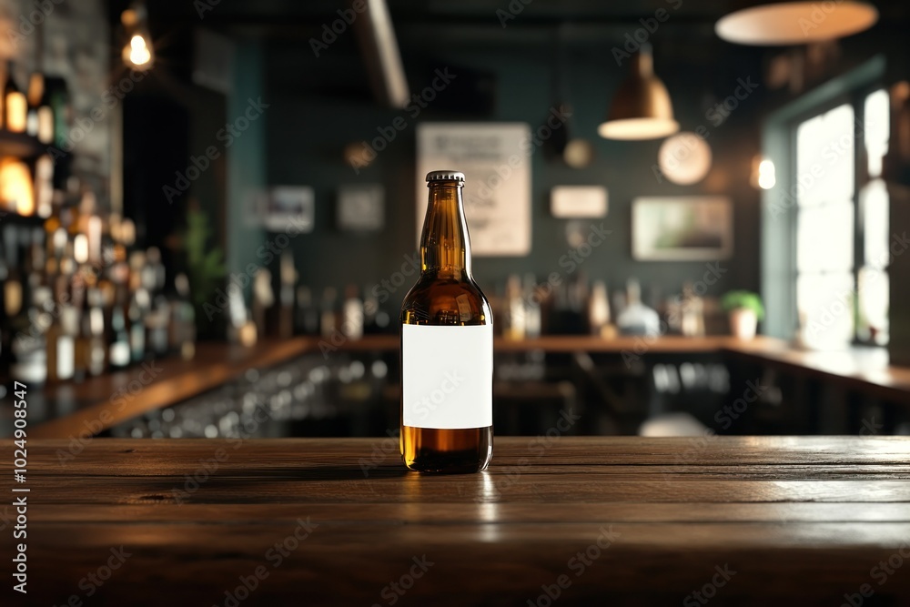 Solitary Beer Bottle on Bar Counter Solitary Beer Bottle on Bar Counter