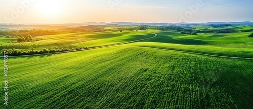 Realistic photo of a peaceful countryside with rolling green hills and farmland, Landscape Drone view capturing the winding roads and patchwork fields, bright and clear