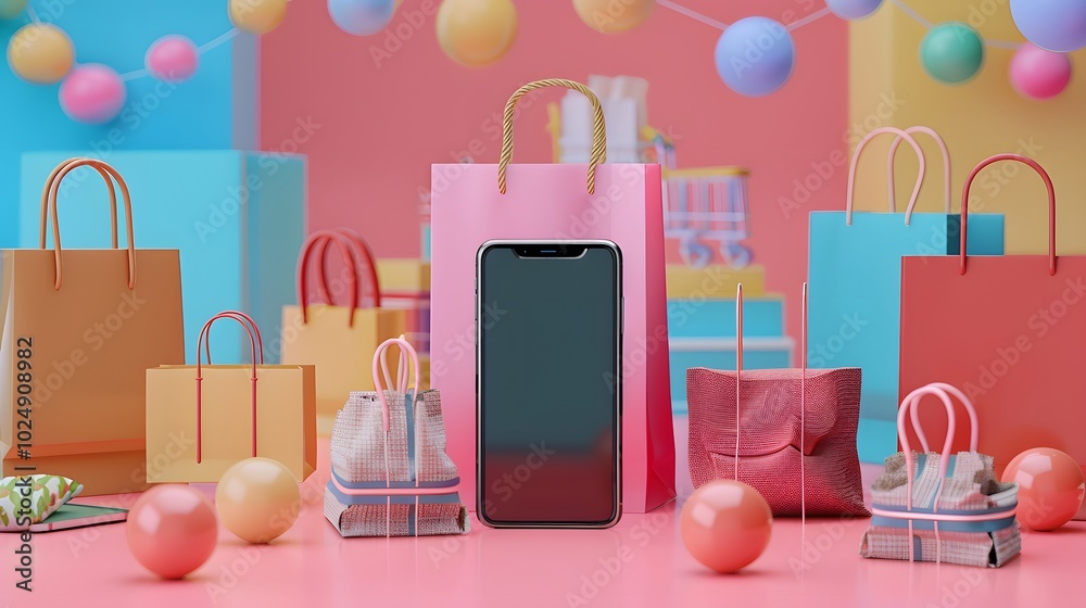 Seamless Online Shopping Experience: 3D Render of Smartphone and Cart Seamless Online Shopping Experience: 3D Render of Smartphone and Cart