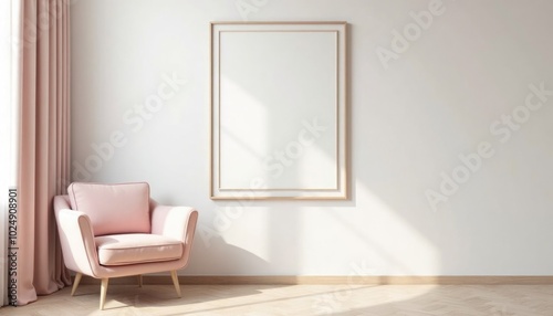 Minimalistic interrior desighn with pink chair and blank canvas mockup on a wall. A 3D render of a minimalist living room with a pink velvet chair and a large square picture frame on a wall photo