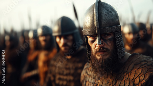 Group of warriors wearing metal helmets and chainmail, standing together in formation, with one warrior in focus. They have face paint and are dressed in armor, suggesting a historical battle scene.