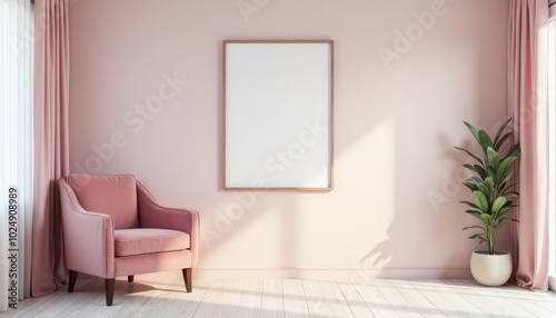 Minimalistic interrior desighn with pink chair and blank canvas mockup on a wall. A 3D render of a minimalist living room with a pink velvet chair and a large square picture frame on a wall photo