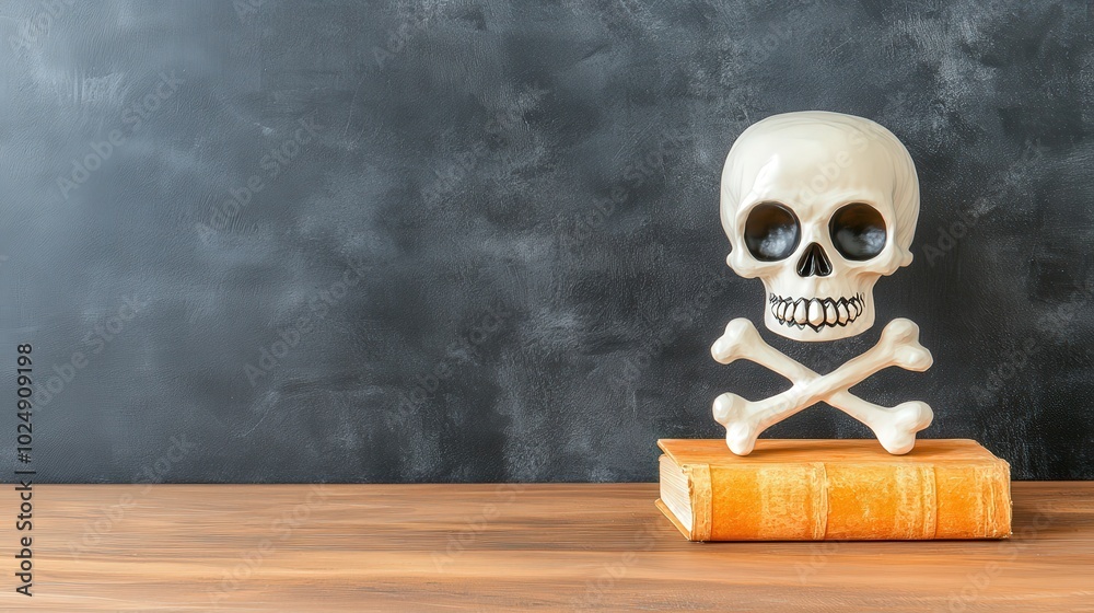 Skull and crossbones on a table with a book Skull and crossbones on a table with a book