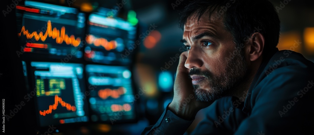 A man is thoughtfully observing multiple screens displaying financial data and graphs, reflecting deep concentration and concern over market trends A man is thoughtfully observing multiple screens displaying financial data and graphs, reflecting deep concentration and concern over market trends
