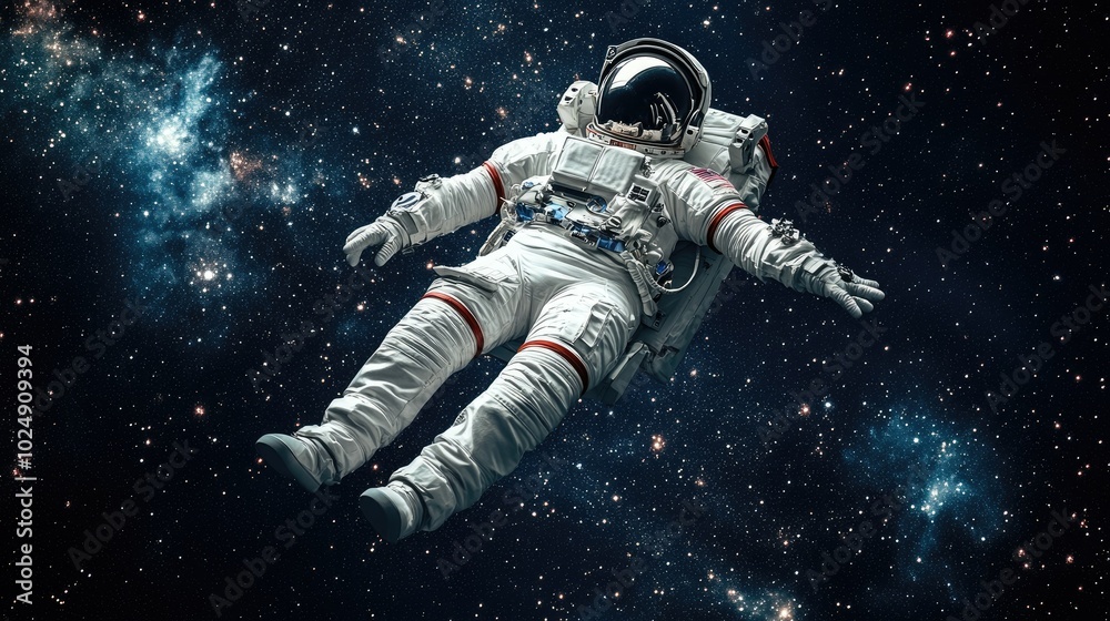 Futuristic astronaut suit in outer space, floating in zero gravity, no people, copy space Futuristic astronaut suit in outer space, floating in zero gravity, no people, copy space