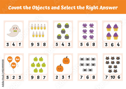 Worksheet for preschool kids. Halloween educational activities. Preschool math. Learning counting for kids, elementary math educational games. Halloween teacher resources. Preschool homeschool.