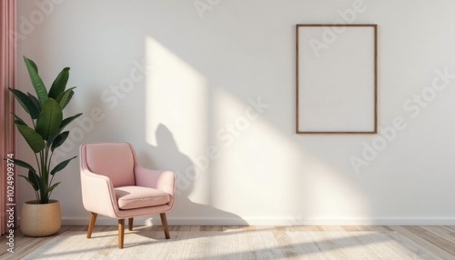 Minimalistic interrior desighn with pink chair and blank canvas mockup on a wall. A 3D render of a minimalist living room with a pink velvet chair and a large square picture frame on a wall