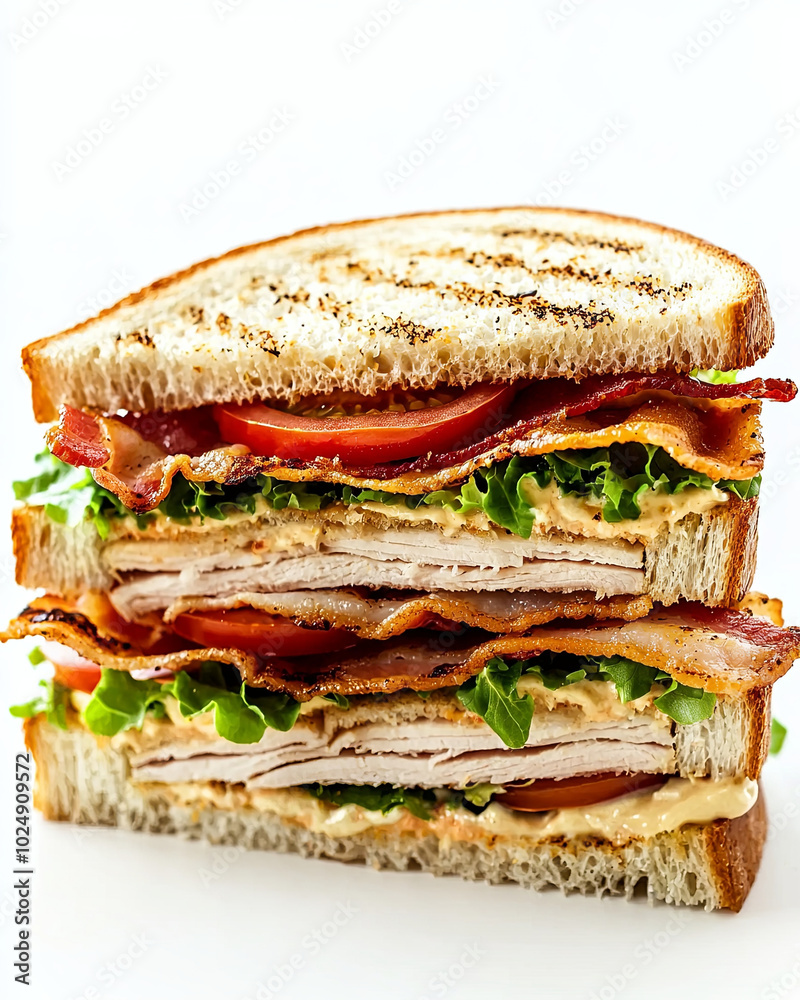 Delicious sandwich stacked with layers of turkey, crispy bacon, fresh lettuce, and ripe tomatoes, all nestled between toasted bread, perfect for satisfying meal Delicious sandwich stacked with layers of turkey, crispy bacon, fresh lettuce, and ripe tomatoes, all nestled between toasted bread, perfect for satisfying meal