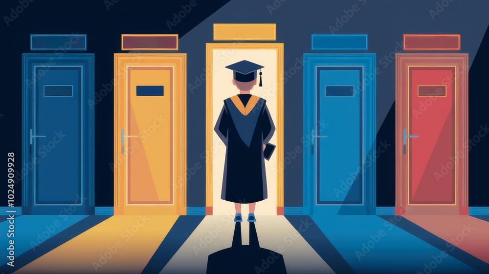 Fototapeta premium A graduate stands before five colorful doors, symbolizing choices and opportunities after completing education, contemplating the path ahead
