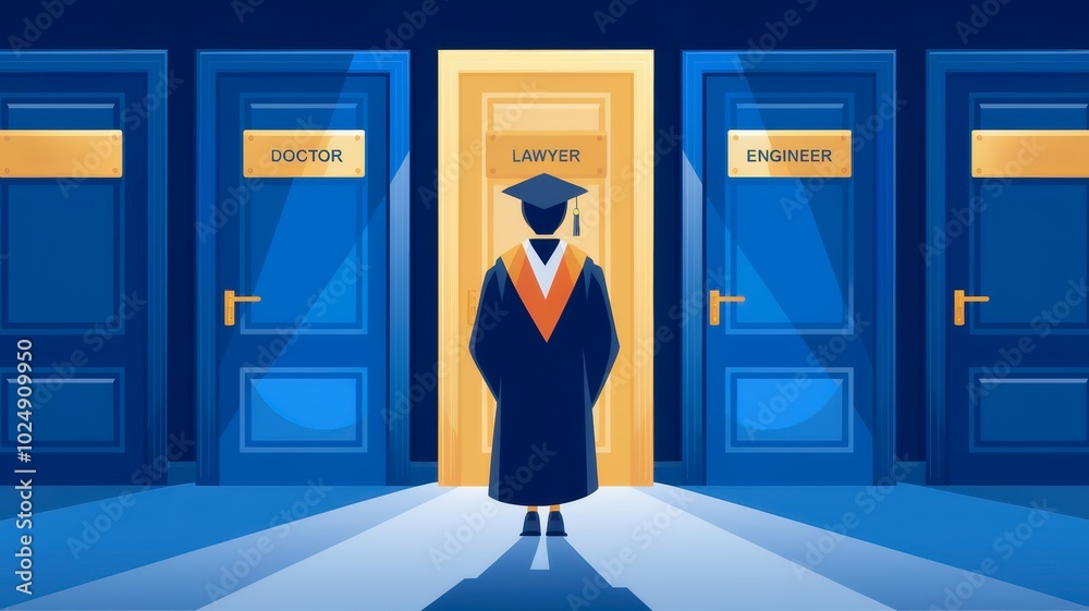 Fototapeta premium A graduate stands at a crossroads with three doors labeled Doctor, Lawyer, and Engineer, symbolizing career choices and future paths