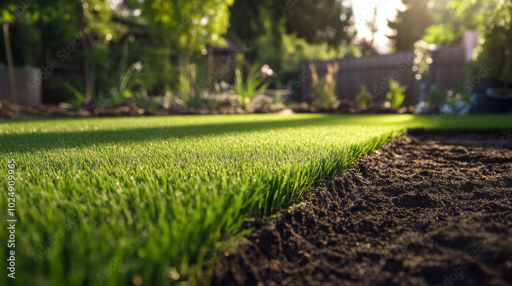 Fototapeta premium Close-up of a newly installed grass lawn with a neat soil border in a landscaped garden, surrounded by greenery and trees. 