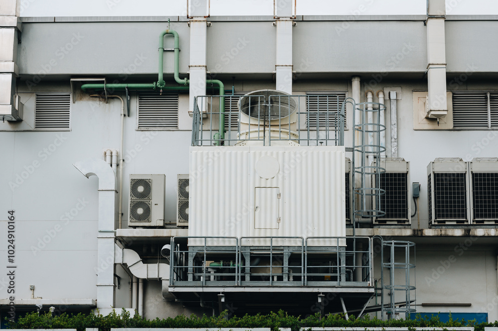 Exhaust vents of industrial air conditioning and ventilation units on roof top of large building. Exhaust vents of industrial air conditioning and ventilation units on roof top of large building.