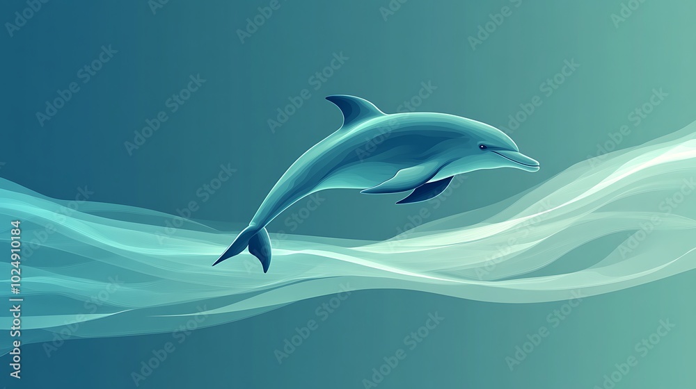 Fototapeta premium Minimalistic silhouette of a leaping dolphin, solid blue color, placed against a soft ocean gradient of teal and light blue, smooth and flowing lines, subtle shadow for added depth,