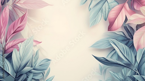 Pastel illustration of tropical leaves forming a gentle frame, colors like soft pink, mint, and lavender, smooth shading and fine linework, delicate details with light shadows,