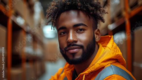 A smiling worker in an industrial setting, surrounded by boxes.