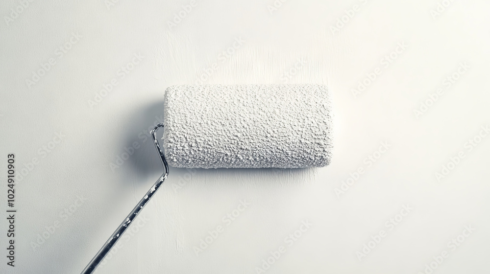 Obraz premium Close-up of a paint roller applying light gray paint to a smooth wall, showing a clean and even coat during a home improvement project. 