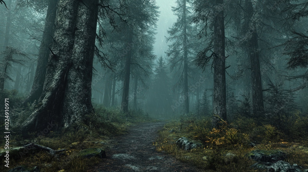 A dirt path winds through a dense, misty forest, the tall trees creating an ethereal and mysterious atmosphere. A dirt path winds through a dense, misty forest, the tall trees creating an ethereal and mysterious atmosphere.