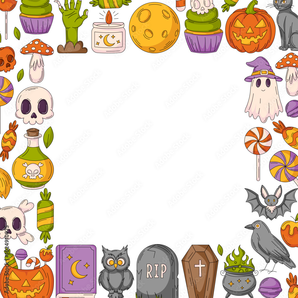 Halloween vector square poster, space for text in the middle. Colorful frame with spooky, scary icons from pumpkin, ghost, skull and bones. For card, banner, invitation, social media, party or note